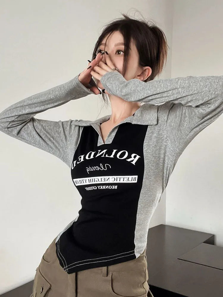 -Fall Outfits -Fall Outfits Long Sleeve Top -Vintage Y2k T Shirts Women Harajuku Long Sleeve Kpop Tees Slim Irregular Aesthetic Top Korean Fashion Streetwear T-shirts