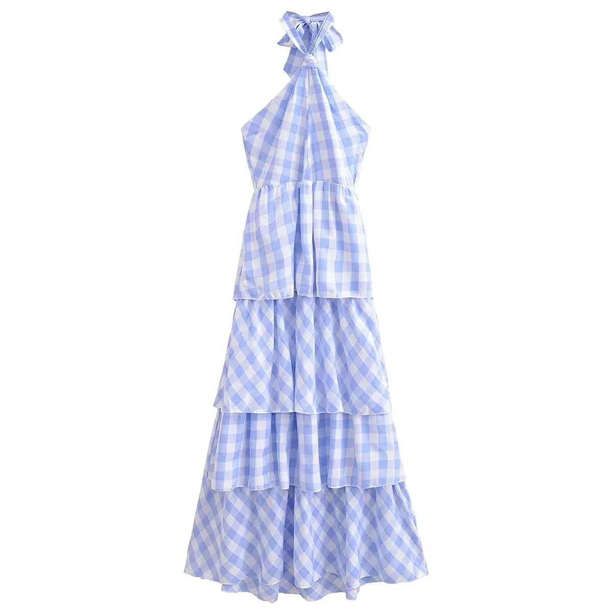 vmtvr  -   Tierred Maxi Summer Women's Dress Sexy Halter Sleeveless Blue Beach Sundress Plaid Printed Holiday Long Dress Robe Femme