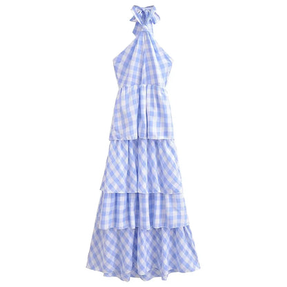 vmtvr  -   Tierred Maxi Summer Women's Dress Sexy Halter Sleeveless Blue Beach Sundress Plaid Printed Holiday Long Dress Robe Femme