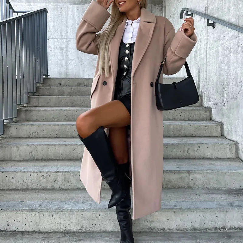 vmtvr Commuter Ladies Elegant Lapel Neck Woolen Coat Autumn Double Button Slim Long Tops Cardigan Winter Long Sleeve Warm Women Jacket