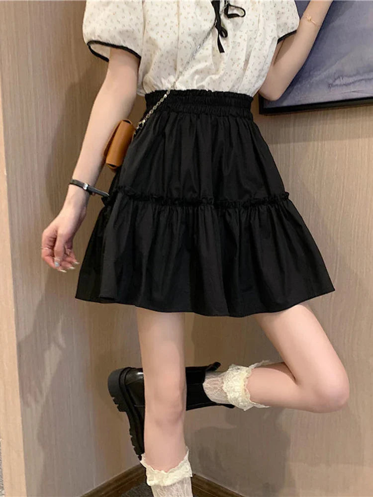 vmtvr Sweet Preppy Style White Mini Skirt Women Elegant Fashion High Waist A Line Skirt Korean All Match Loose Summer Skirt New