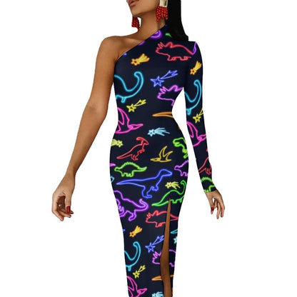 Rainbow Colors Maxi Dress Long Sleeve Colorful Aesthetic Cute Bodycon Dress High Slit Party Long Dresses Women Pattern Vestidos