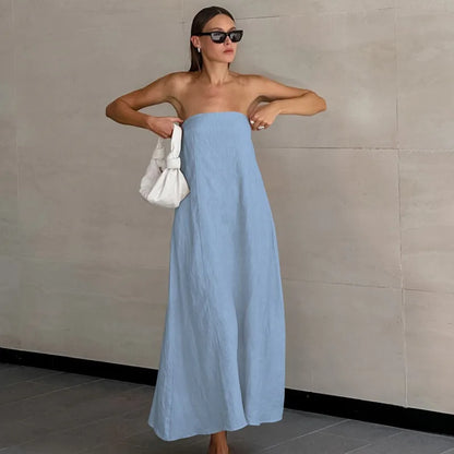 vmtvr  -  Minimalist Cotton Linen Design Strapless Dress Summer Women's Personal Street Elastic Backless Pocket Vacation Beach Dress