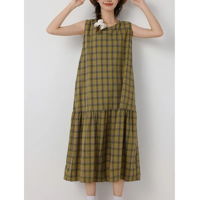 vmtvr  -  Original Plaid Sleeveless Cotton Linen Vest Dress Spring and Summer Women O-neck Mori Style Casual Loose OneSize Holiday Dress