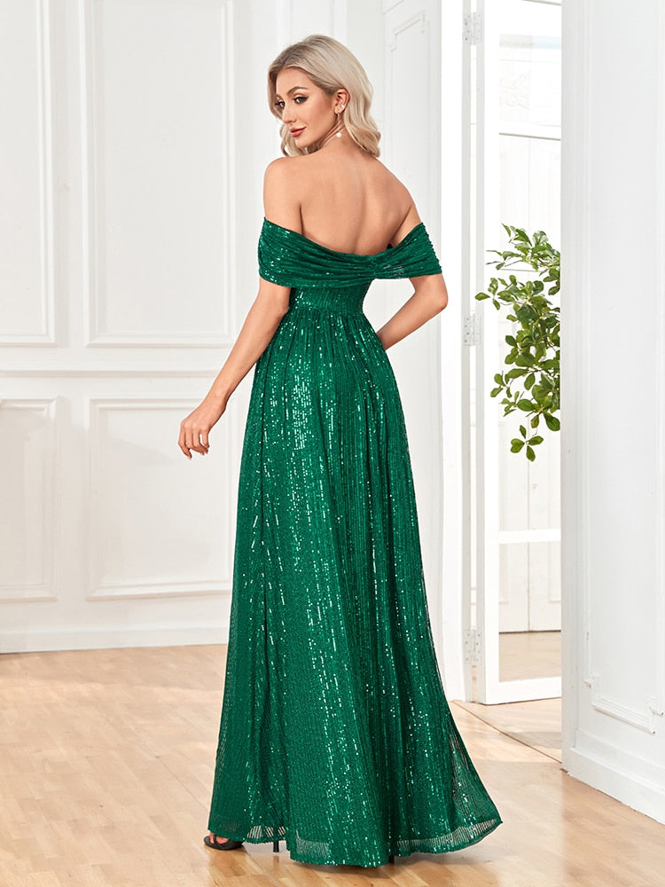 vmtvr -  Women Green Sexy Off-shoulder Sequin Dress Elegant Evening Dress Party Maxi Dress Split Ladies Trailing Dresses