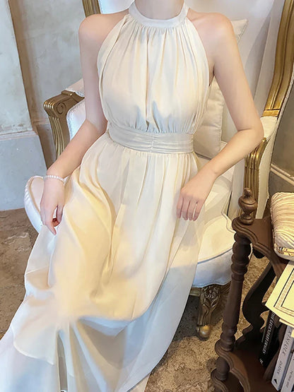 vmtvr 2024 New White Sleeveless Sexy Neck-mounted Long Dress Women Elegant Luxury Dress Gown Summer Korean Bodycon Dance Party Dresses