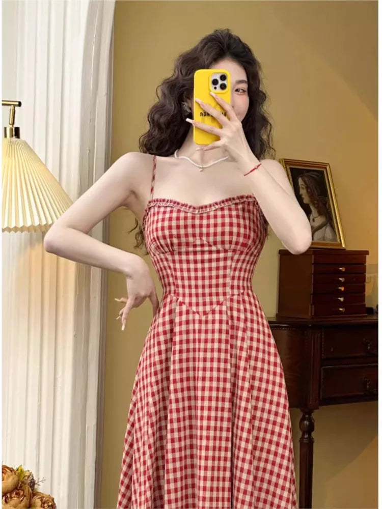 vmtvr Elegant Plaid Midi Dress Women French Vintage Spaghetti Strap A-line Spring Summer Holiday Beach Style Prom Robe Vestidos Mujer