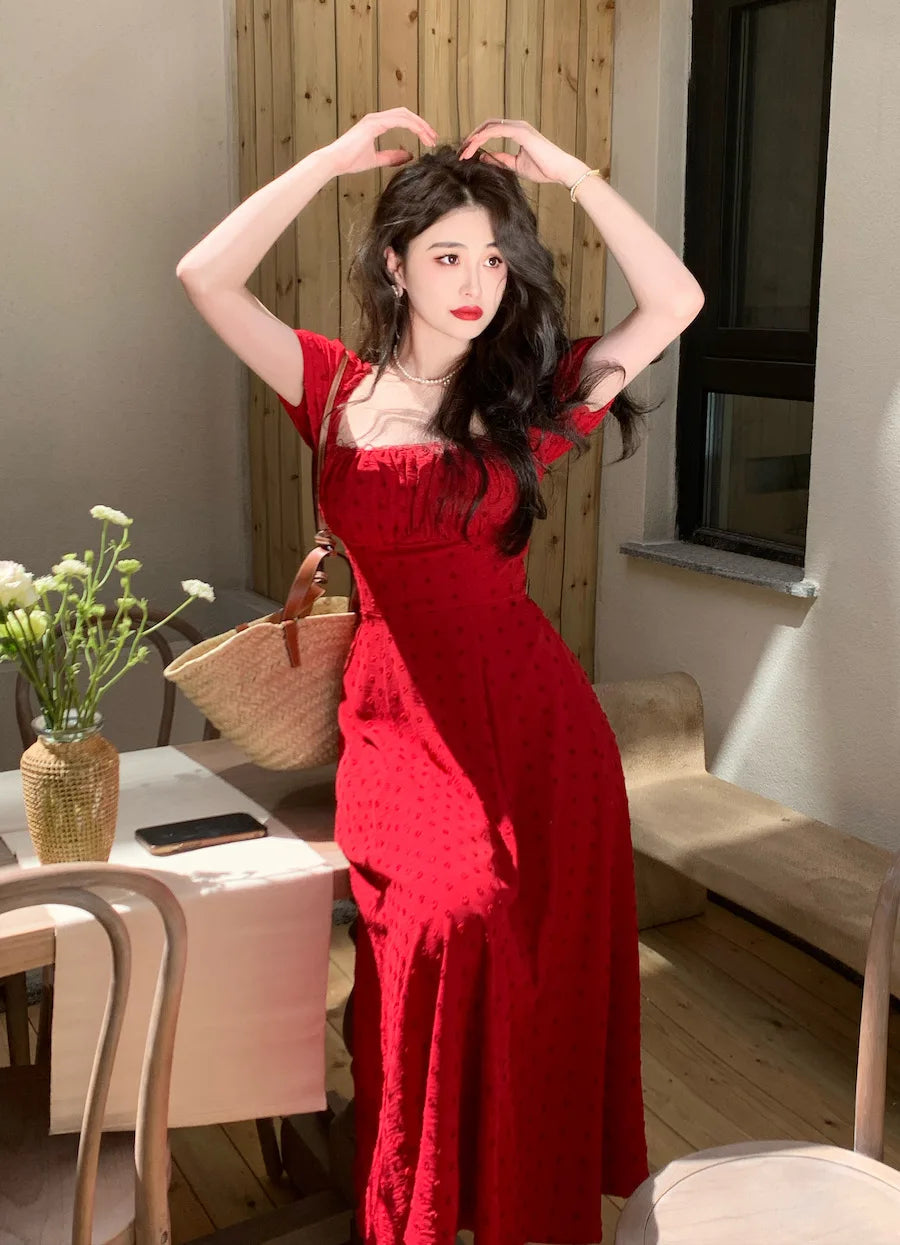 vmtvr  -  French Vintage Midi Dresses for Women New Summer Print Elegant Party Sweet Female Clothes Korean Casual Red Evening Dress