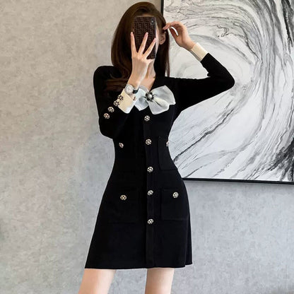 Small Fragrance Style Knitted Dress Women Autumn  New Slim Little Black Dress Female Fashion Bodycon Sweet Mini Dress Trend