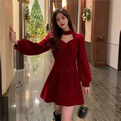 vmtvr Red Velvet Elegant Party Mini Dress Women Sequins Long Sleeve Wram Vintage Dress Ladies Casual Korean A-line Dress 2023 New Year