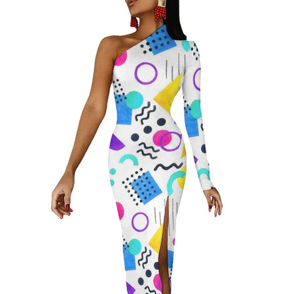 Memphis Retro Maxi Dress Long Sleeve Geometric Colorful Cute Bodycon Dress High Slit Streetwear Long Dresses Print Vestido