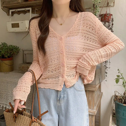 vmtvr Long Sleeve T Shirt Women's Summer Thin Section Hollow Ice Silk Knitted Cardigan Lace Button Korean Loose Top Striped Sexy Soft