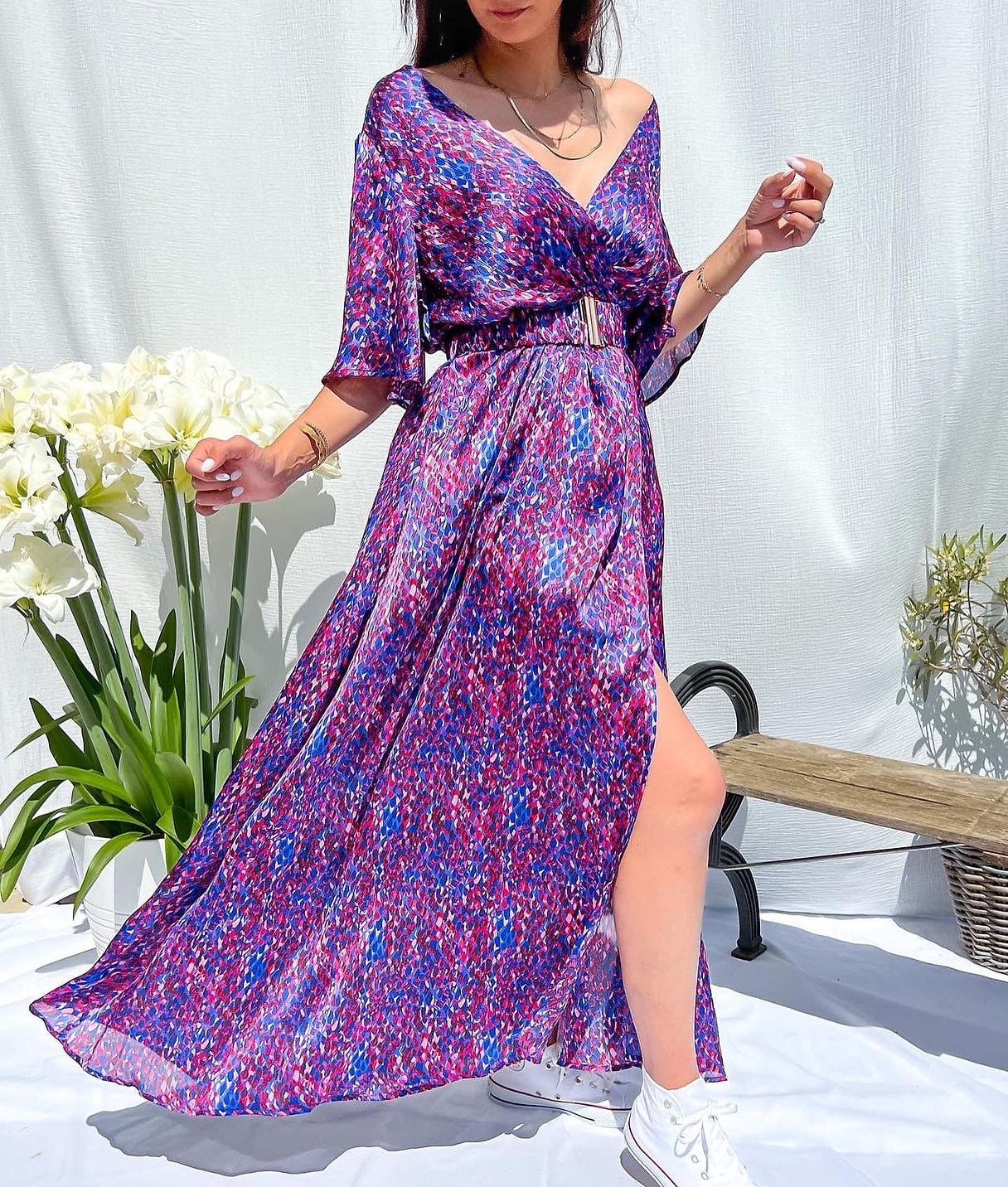 vmtvr - Elegant Casual Long Dress Ruffles Slit A Line Sexy Deep V Neck Print Floral Vestidos Boho Evening Prom Maxi Dress