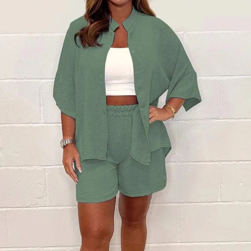 vmtvr Simper Solid Color Office Button Shirt Suit Summer Loose Elastic Waist Shorts Outfits Women's Casual High Street Two Piece Sets