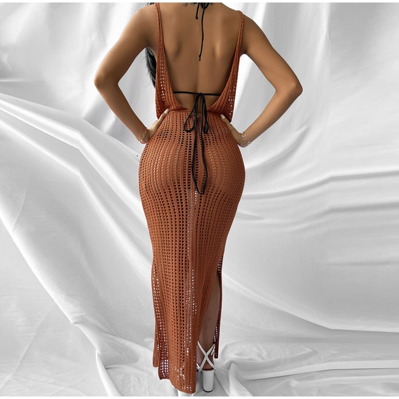 New Sexy Hollow Fishnet Mesh Maxi Knit Dress Women Party Club See Through Bodycon Long Dresses Summer Beach Holiday Outfits