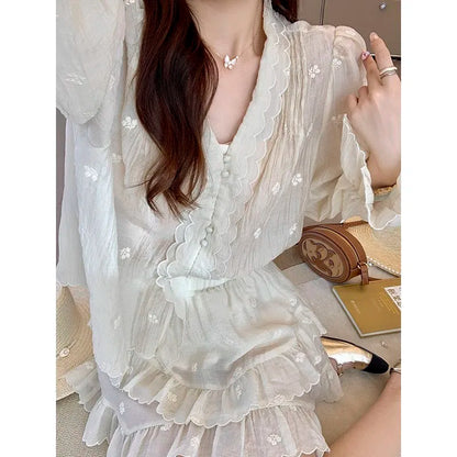 vmtvr Casual Fashion Skirt Suit Women's New Summer Shirt And Long-sleeved Shirt Top 2-piece Set