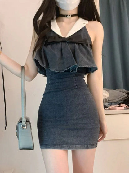 vmtvr  -  French Vintage Denim Dress Women Causal Y2k Office Lady Slim Mini Dress Summer Korean Fashion Elegant Retro One Piece Dress