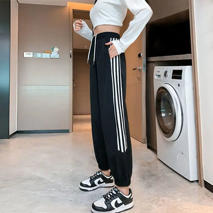 vmtvr Preppy Style Sweet Women Pink Striped Sweatpants Spring Summer Thin Fashion Harajuku Elastic High Waist Casual Casual Trousers