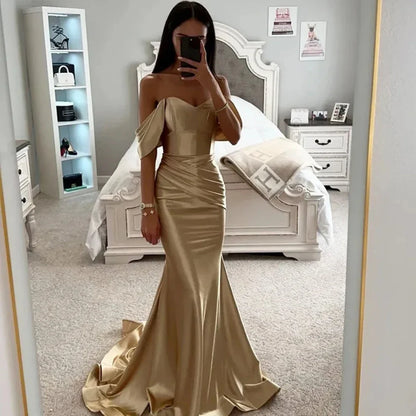 vmtvr  - Gold Simple Mermaid Wrap hip sweetheart collar off rotator cuff pleated beach Party Dance Celebration Wedding Bridesmaid dress