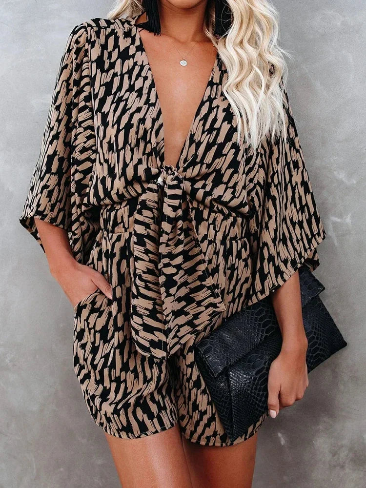 vmtvr 2024 Sexy Leopard Print Bowknot Wide Leg Romper Overalls Women Casual Loose Oversized Summer Female Playsuits Short Jumpsuits