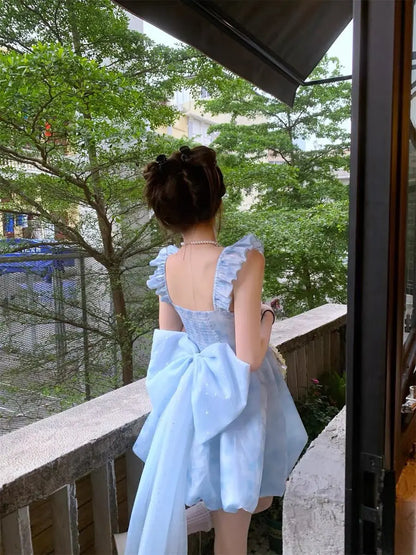 2024 Summer Backless Blue France Vintage Mini Dress Women Bow Flying Sleeve Sweet Elegant Dress Female Korea Evening Party Dress