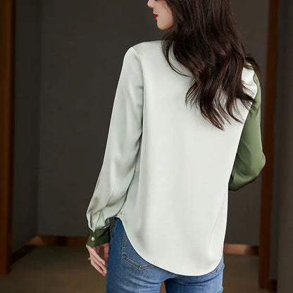 vmtvr Office Lady Korean Clothing Fashion Long Sleeve Chiffon Shirt Spring Summer Women Casual Versatile Contrast Color Chic Blouse
