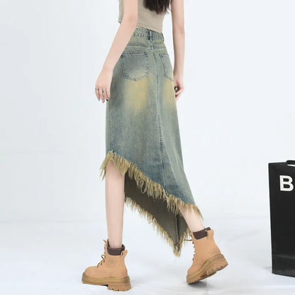 vmtvr Tassel Raw Edge Women Midi Denim Skirt Spring Summer Korean Streetwear Fashion Irregular Distressed Straight A-line Skirt Shorts