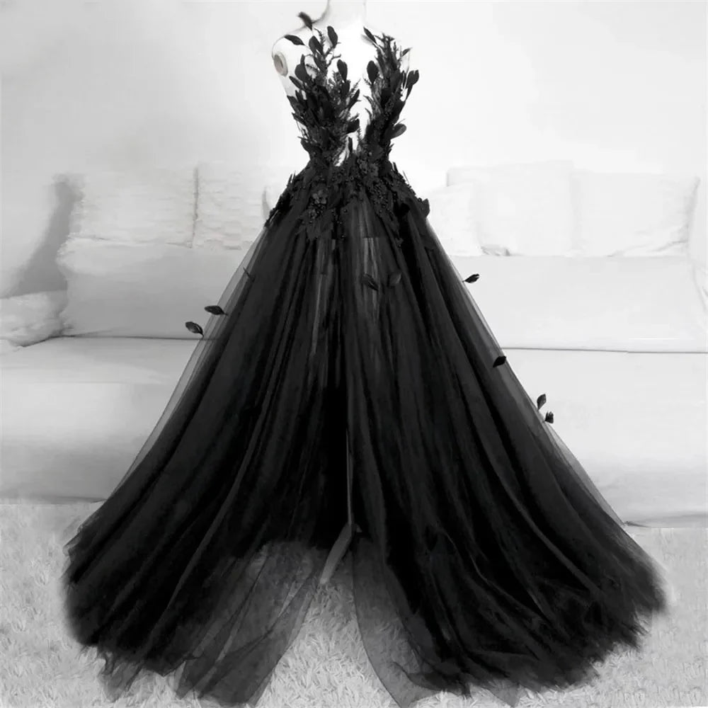 vmtvr  - Black A-line sexy tulle backless Decal Black Feather Princess Birthday Party PROM Graduation Wedding Bridesmaid Evenning dress