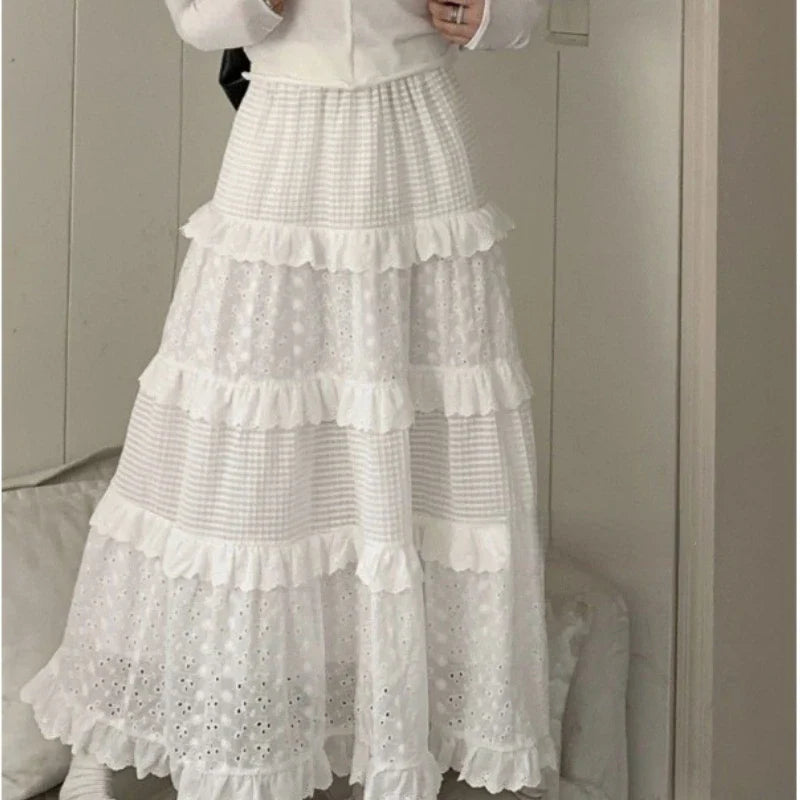 vmtvr  -  Women Cake Skirt Lace Maxi Skirt for Women Vintage Woman's Dress High Waist Vintage Sweet Girl Chic Casual Loose New White Skirt