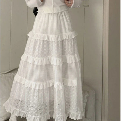 vmtvr  -  Women Cake Skirt Lace Maxi Skirt for Women Vintage Woman's Dress High Waist Vintage Sweet Girl Chic Casual Loose New White Skirt