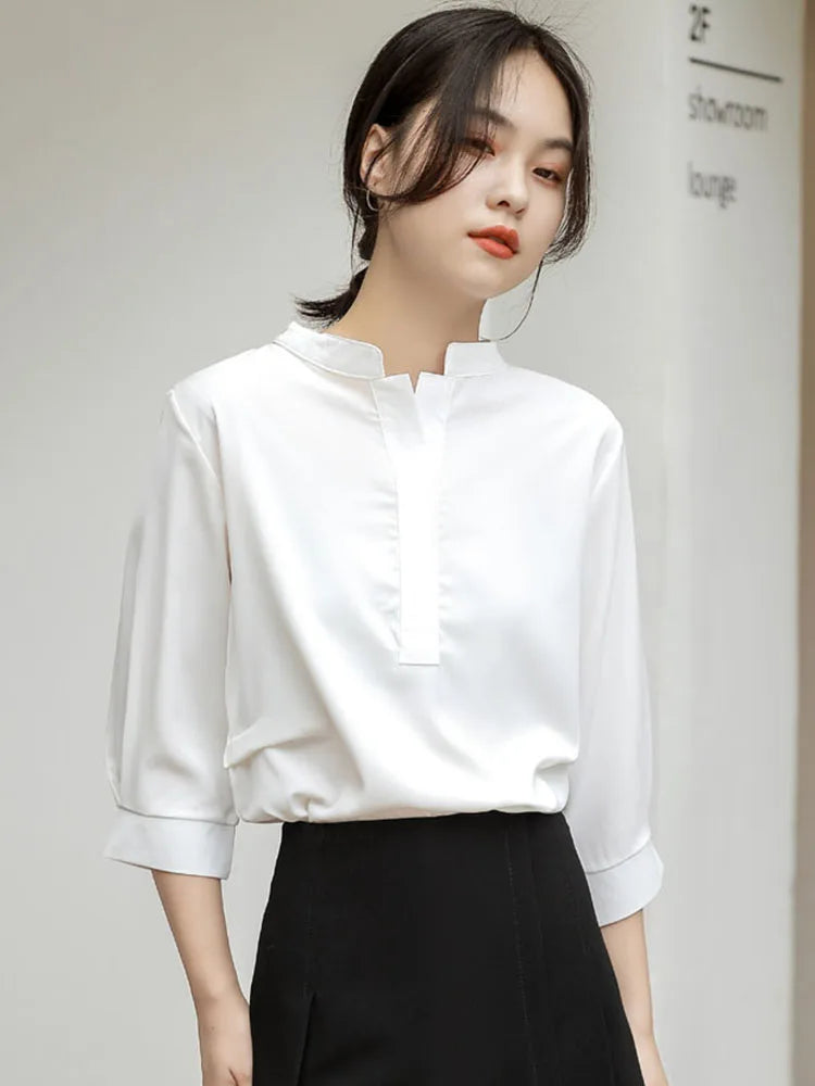 vmtvr White Women Chiffon Shirts Loose Half Sleeve Korean Office Ladies Summer Blouse Fashion Stand Collar Designed Female Tops