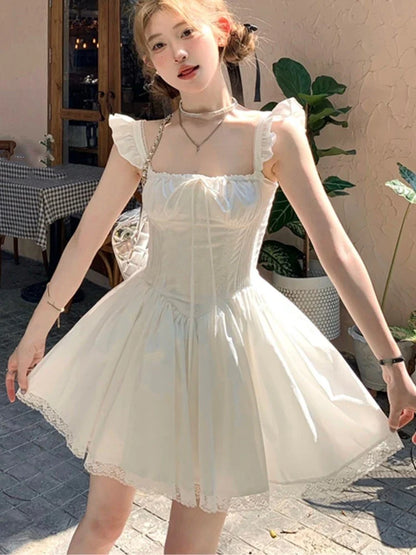 vmtvr Y2K Pleated Mini Corset Dress Women Square Collar Lace Patchwork Off Shoulder New Summer Party Dresses Kawaii A-line Vestidos