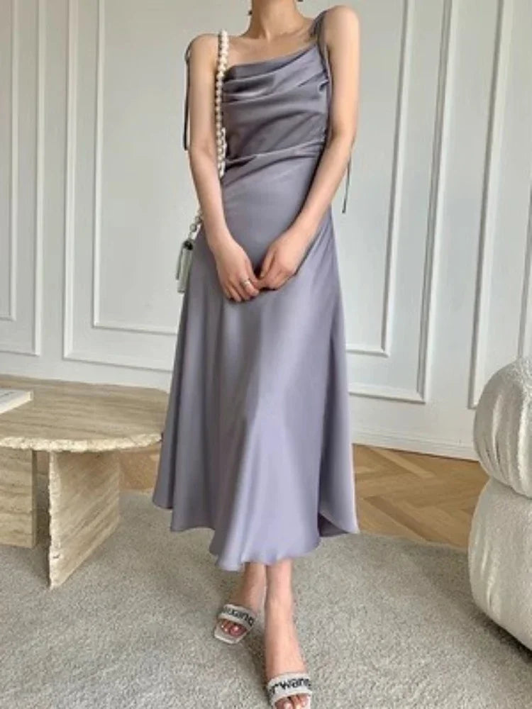 vmtvr Purple Satin Slip Midi Dress Women Vintage Korean Fashion Lace-up Spaghetti Strap Elegant Party Dresses 2024 Summer