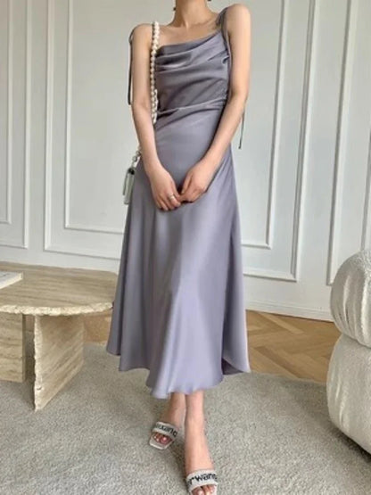 vmtvr Purple Satin Slip Midi Dress Women Vintage Korean Fashion Lace-up Spaghetti Strap Elegant Party Dresses 2024 Summer