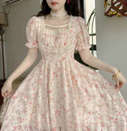 vmtvr Summer Floral Print Dress Women Lace Boho Kawaii Party Dress Female Casual Korean Fashion Holiday Lolita Elegant Midi Dress