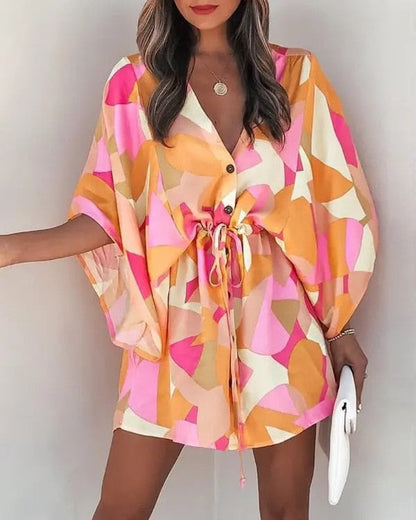 vmtvr 2023 Summer Boho Dresses Women Casual Flora Print Batwing Sleeve Lace-Up Dress Sexy V Neck Loose Ladies Beach Mini Dress Vestido