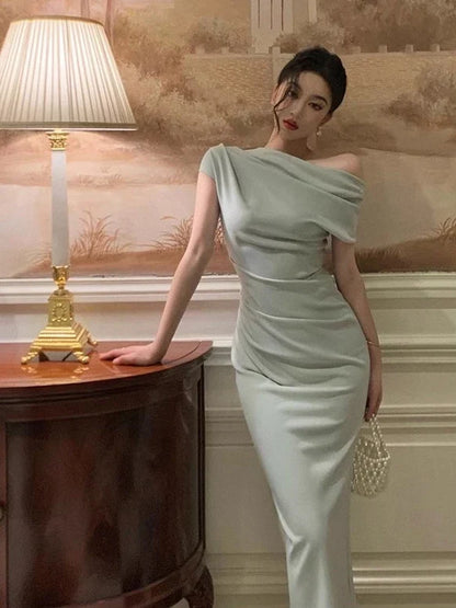 vmtvr Elegant Off Shoulder Evening Party Dresses for Women Summer New Fashion Slim Solid Vestidos Korean Prom Robe Female Clothing