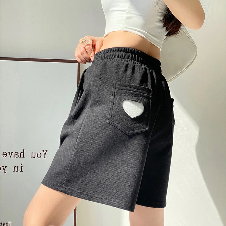 vmtvr Women Summer Black Sports Shorts Fashion Love Pocket High Waist Straight Shorts Korean All Match Female Casual Loose Short