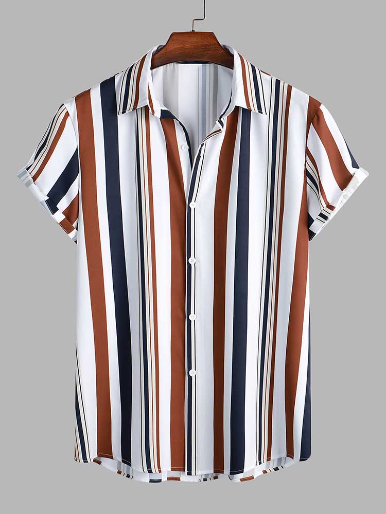 jiaabc Men's Shirt Vertical Mixed Stripes Button-Up Men's Clothing Casual Silky Blouse Top Short Sleeved Shirts for Men