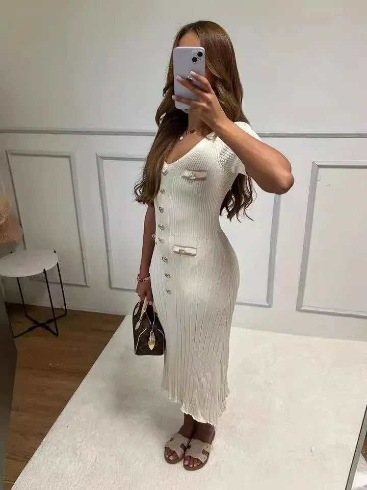 vmtvr Summer Knitted Long Dress Women Elegant Short Sleeve V-neck Slim Party Dresses Fashion Button Solid Basic Maxi Dresses 2024 New