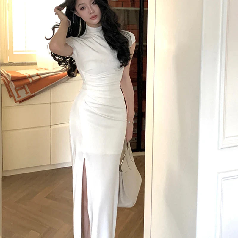 vmtvr Vintage Sexy Slim Birthday Bodycon White Long Dress for Women New Short Sleeve Party Club Prom Elegant Black Dresses Summer