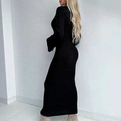 vmtvr Autumn Casual Solid Rib Knitted Long Dress Women Elegant V-neck Slim Bodycon Maxi Dress Winter Flare Long Sleeve Boho Lady Dress