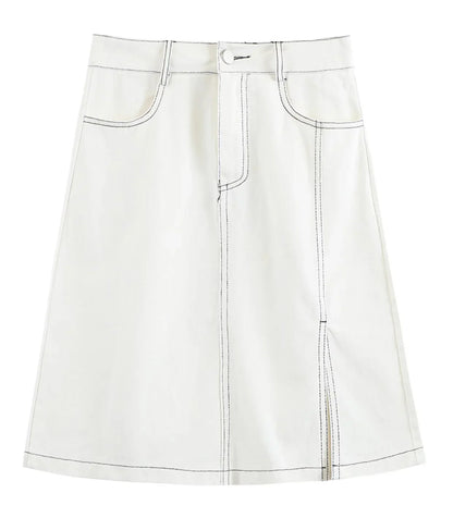 vmtvr Vintage Women Side Split Denim Skirts Pocket Ladies 2024 Summer A-Line Loose Casual High Waist Knee-Length Jeans Skirt