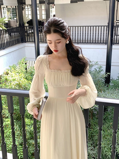 vmtvr - French Elegant Solid Midi Dress Woman Fairy One Piece Dress Korea Fashion  Summer Long Sleeve Even Party Dress Casual Female