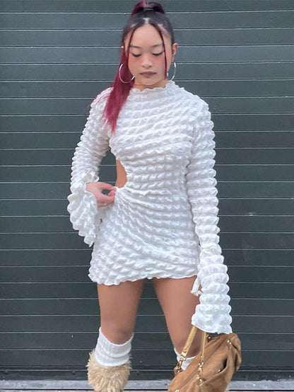 vmtvr Cut Out Long Sleeve Dress Women Y2K Mini Bodycon Bandage White Dress Fall Winter Stunning Stacked Streetwear Turtleneck Dress