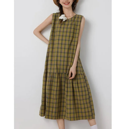 vmtvr  -  Original Plaid Sleeveless Cotton Linen Vest Dress Spring and Summer Women O-neck Mori Style Casual Loose OneSize Holiday Dress