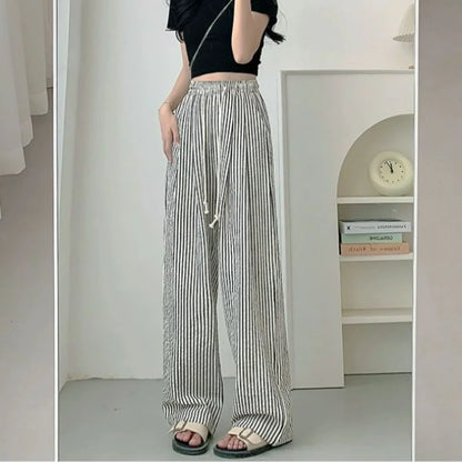 vmtvr American Vintage Trendy Vertical Stripe Wide Leg Pants Women Summer Elastic High Waist Drawstring Pocket Loose Straight Trousers