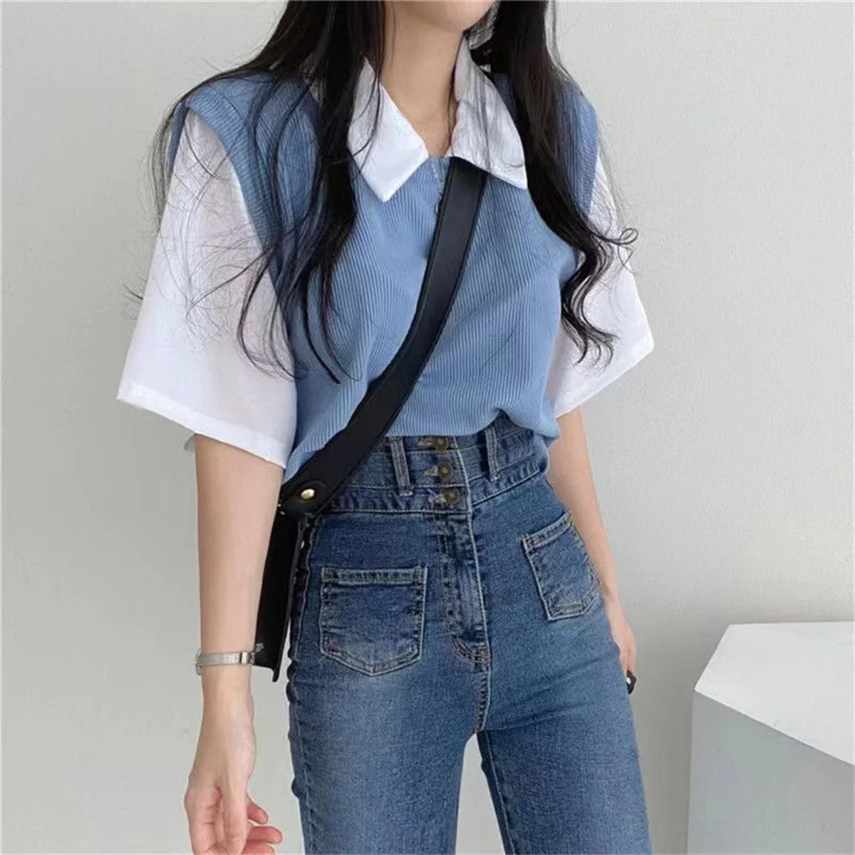 -Summer Academy Style Color Blocking Polo Collar Top Fake Two-piece Short Sleeve T-shirt Women Lazy Loose Casual Versatile Blouse