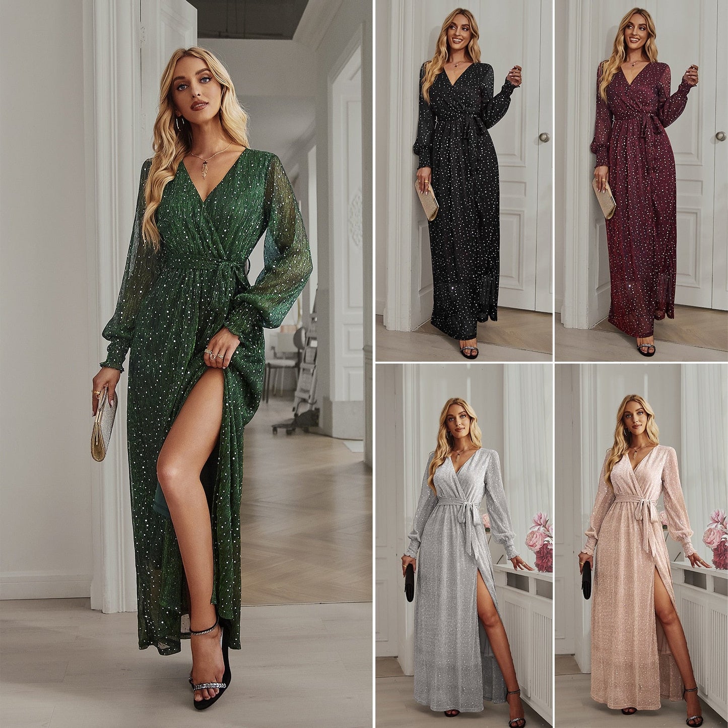 Women's Sexy Dresses Spring Autumn V-Neck Split Long Sleeve Shinning Sequins Evening Mermaid Bridesmaid Cocktail Long Dress