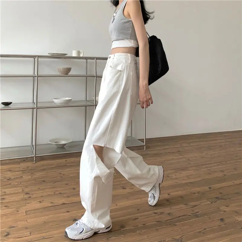 vmtvr Y2K Women Solid White Jeans Korean Retro Ripped Female Denim Trousers Summer Fashion Streetwear Loose Wide Leg Pants